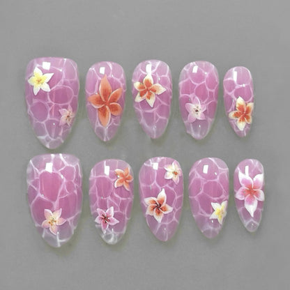 Marble pattern press on nails fresh summer flower manicure  short almond  hot-selling nail wholesale｜365nails