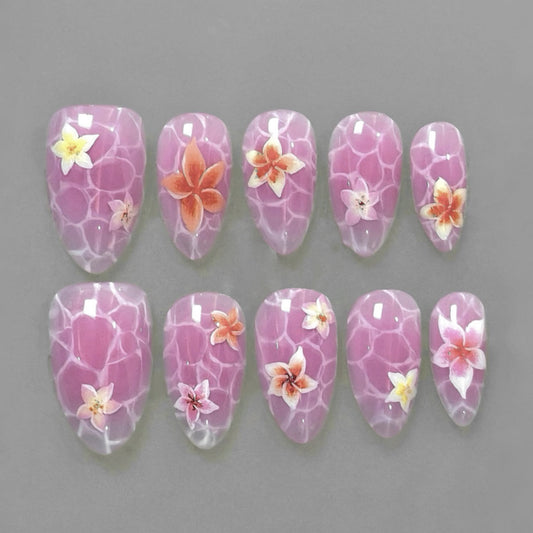 Marble pattern press on nails fresh summer flower manicure  short almond  hot-selling nail wholesale｜365nails