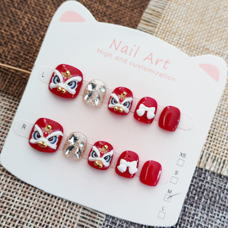 365nails: "auspicious snow lion dance" – short round handmade kids press-on nails