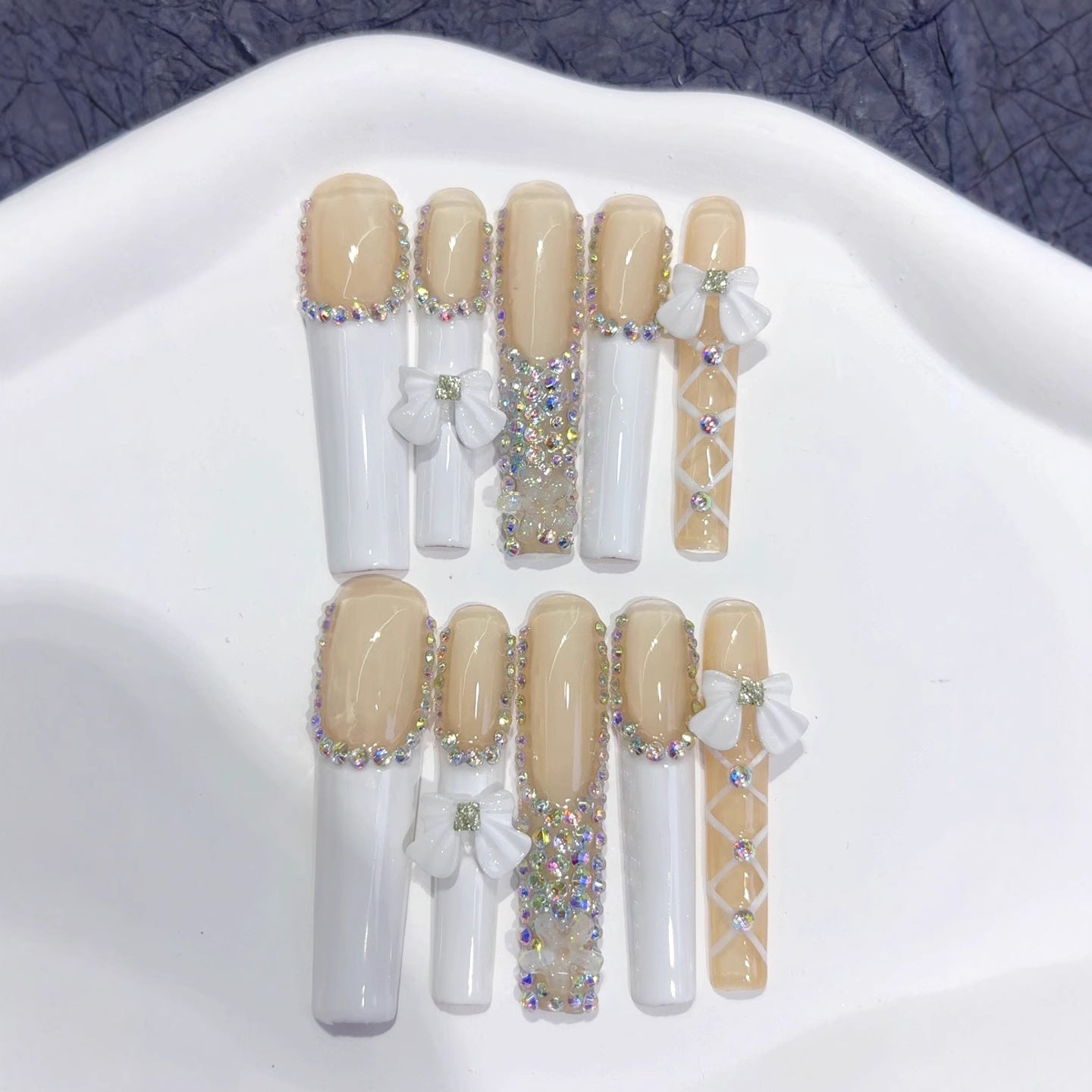 Soft Nude French Bow Crystal Elegance Press On Nails
