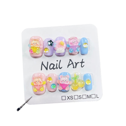 Handmade press on nails cute hug bear milk whirring bear short nail art finished patch wearable nail sticker｜365nails