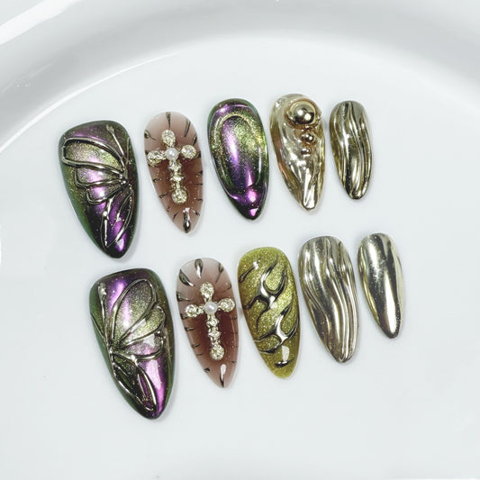 Magic gold hand-painted butterfly metal relief blush nail  almond cat eye manicure｜365nails