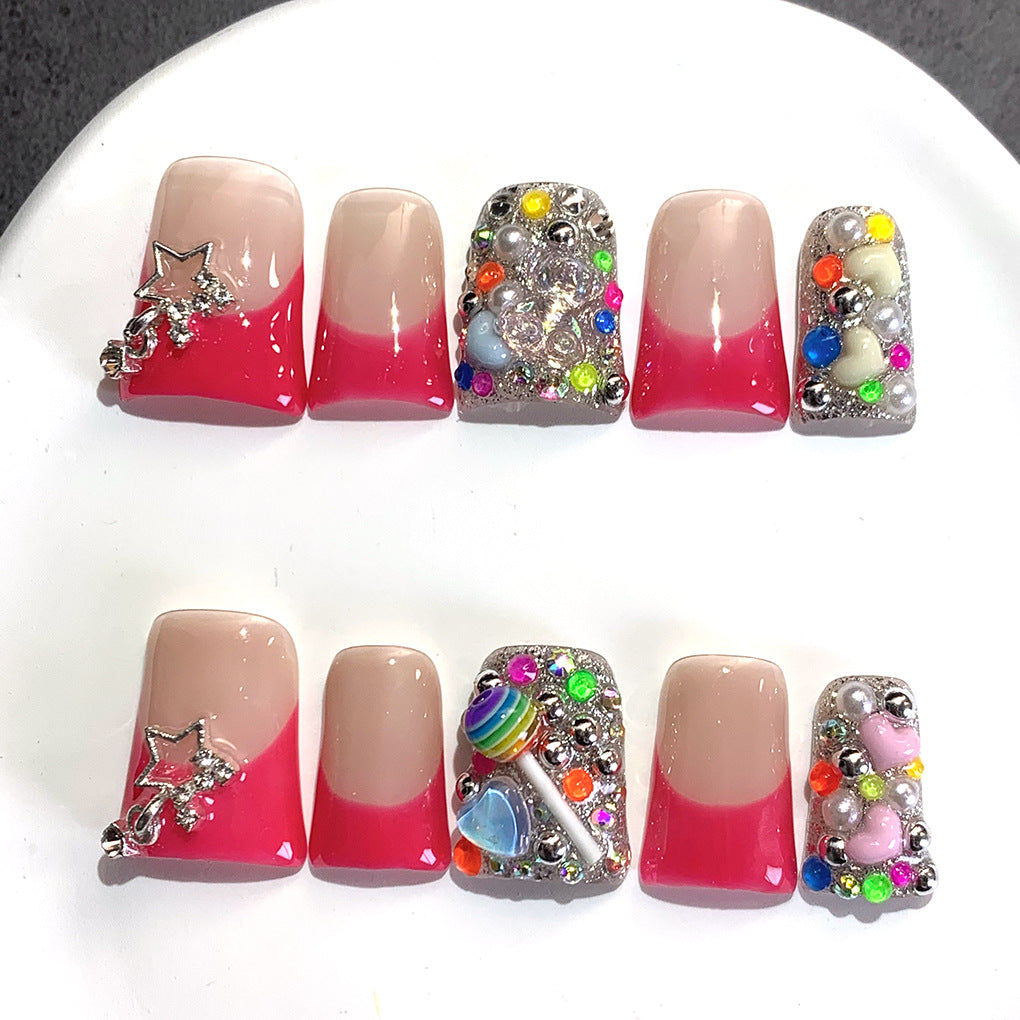 Red Gradient Nails with Star and Multicolor Crystal Accents