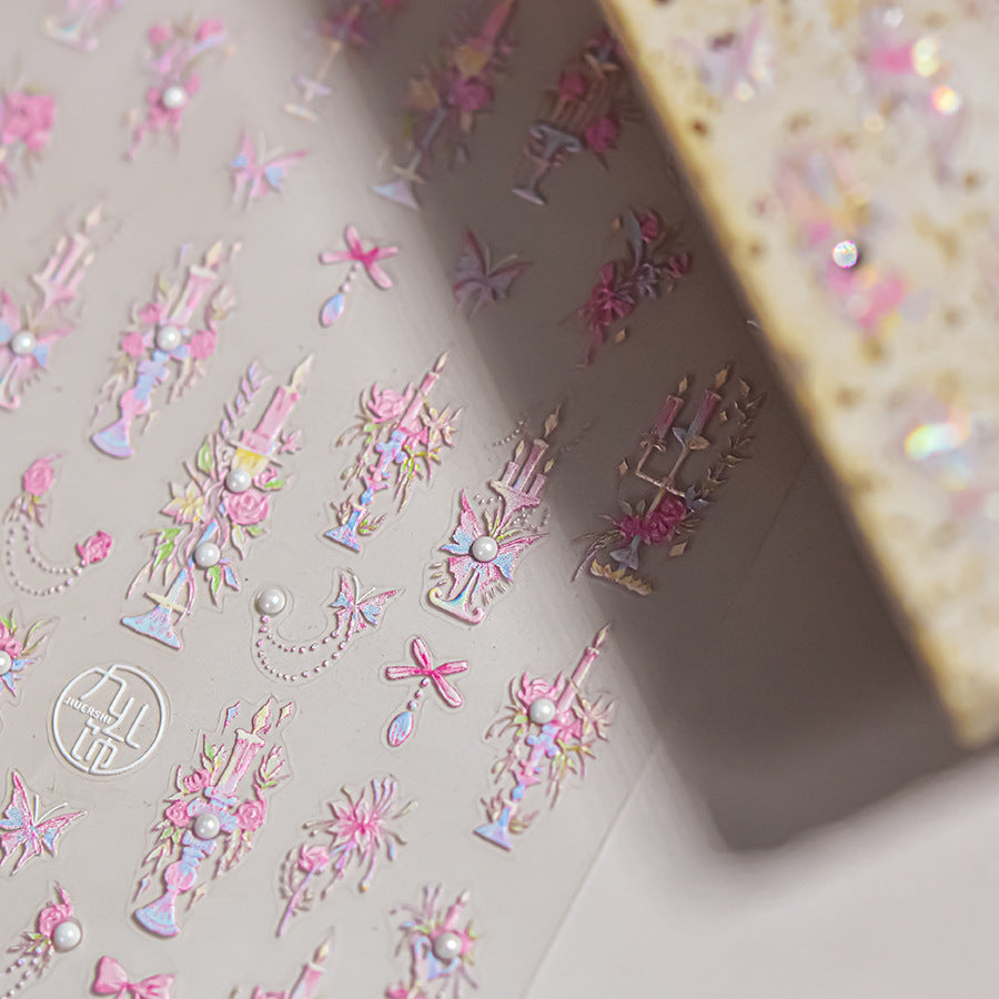 Pink Crystal Castle & Floral: "Fairy Tale Princess Castle" – 5D Embossed Nail Sticker