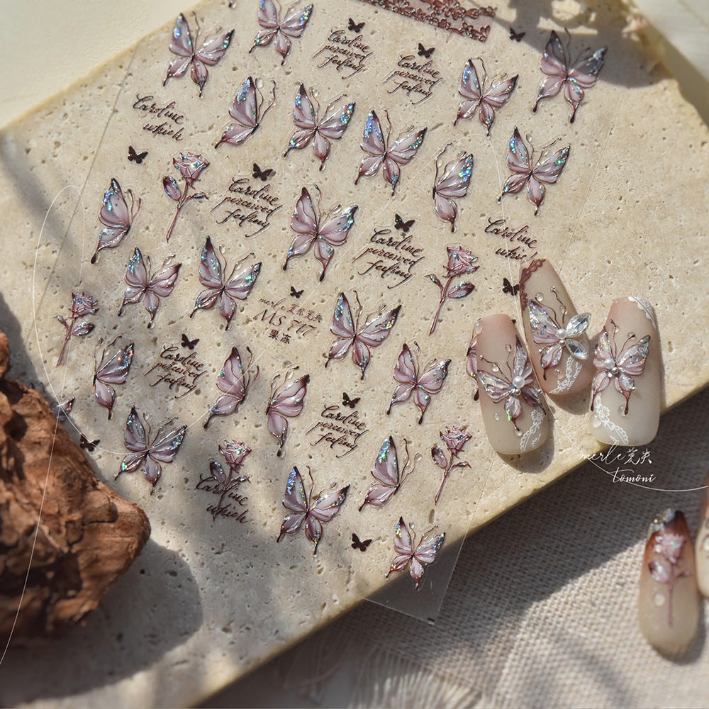 Holographic Shell Light Butterfly Nail Stickers – 3D Embossed Iridescent Set