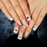Unhas decoradas para Halloween, unhas decoradas com remendo, unhas brancas francesas, bordas pretas, fantasma, amor, teia de aranha, unhas decoradas｜365nails