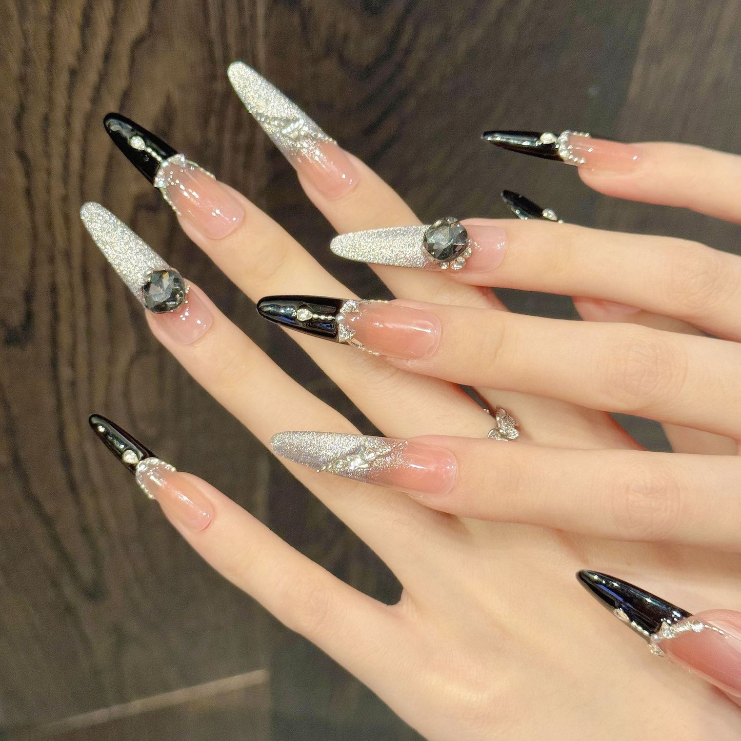 365nails: "Midnight Soirée" – Glitter French Tip & 3D Gem Handmade Long Almond Nails