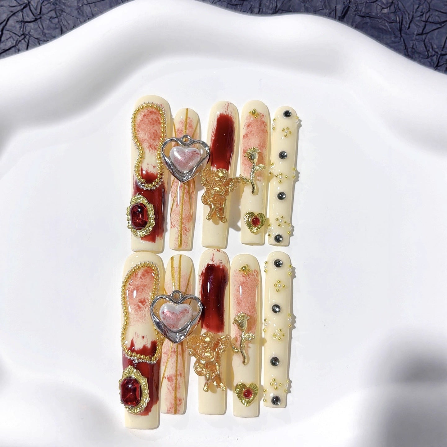 Ivory Red Baroque Heart Crystal Press On Nails