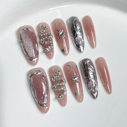 Handmade press on nails Sweet Cool Spice Girl Blush Nail Embossed cat eye Long ｜365nails