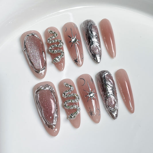 Handmade press on nails Sweet Cool Spice Girl Blush Nail Embossed cat eye Long ｜365nails