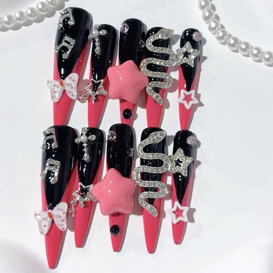 Dark Cherry Gothic Star Snake Extra Long Press On Nails