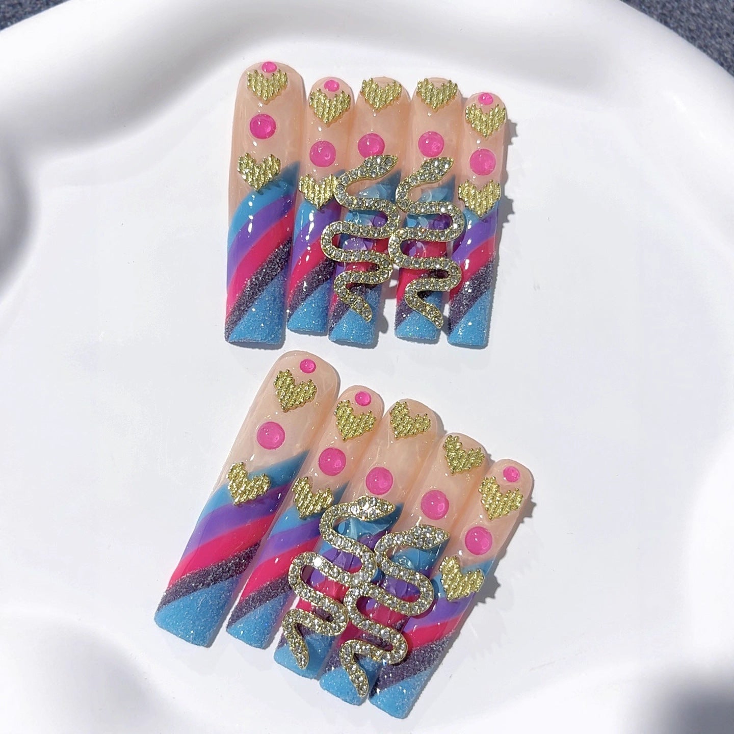 Colorful Gold Snake Extra Long Coffin Press On Nails