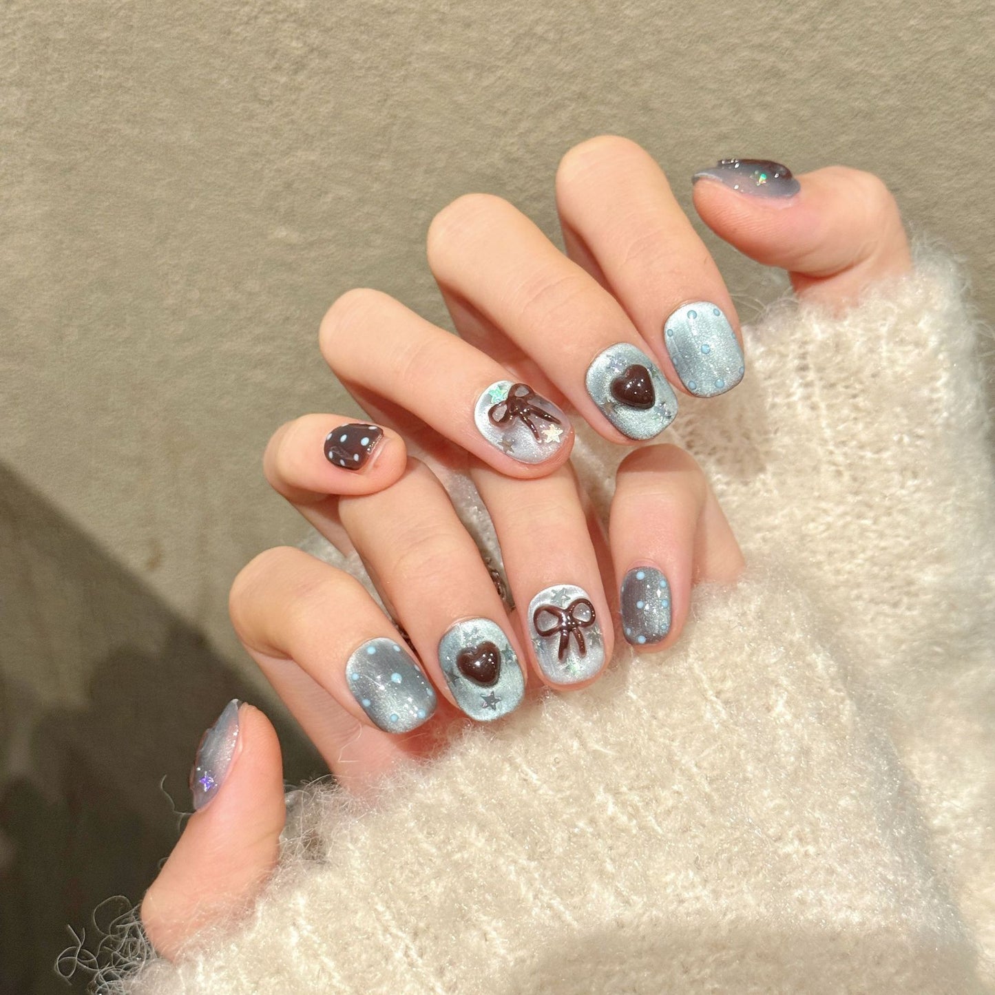 Blue Brown Bow Heart Sparkle Cute Soft Press On Nails