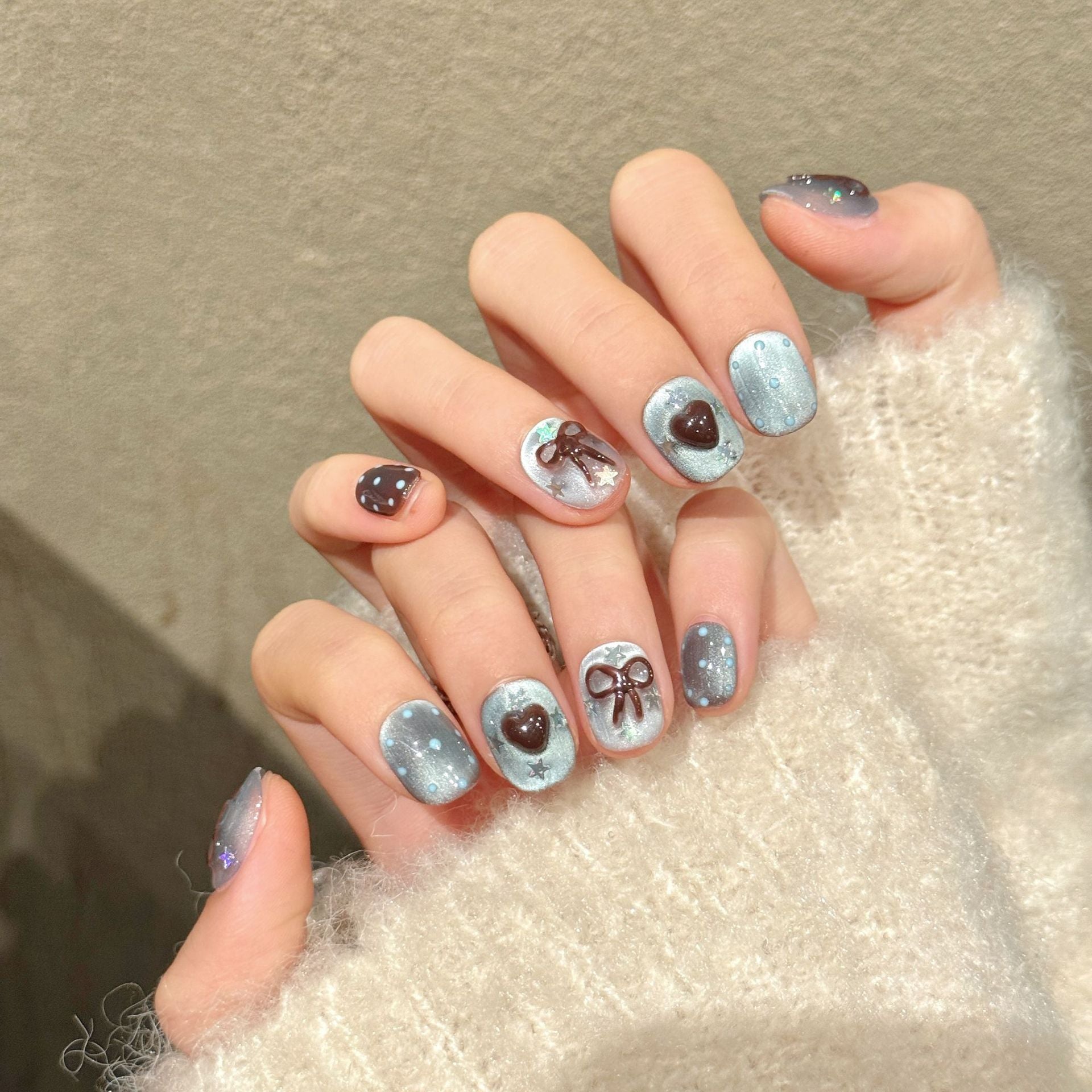 Blue Brown Bow Heart Sparkle Cute Soft Press On Nails
