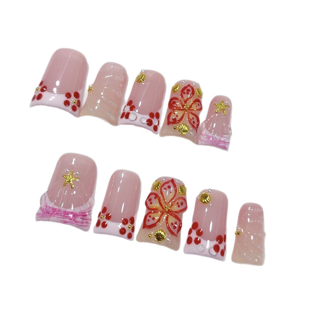 Baie Sakura : « Baie florale rose » – Ongles press-on faits main forme carrée courte