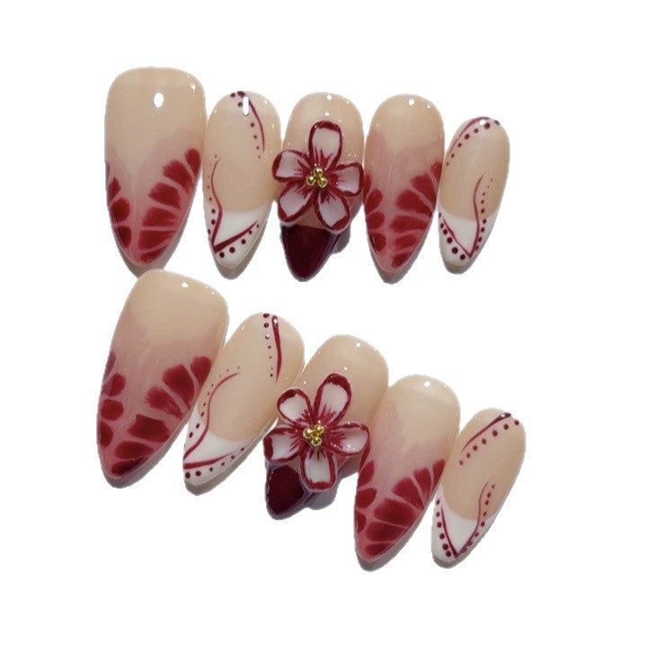 Fleur vintage : « Orchidée bordeaux » – Ongles press-on forme amande