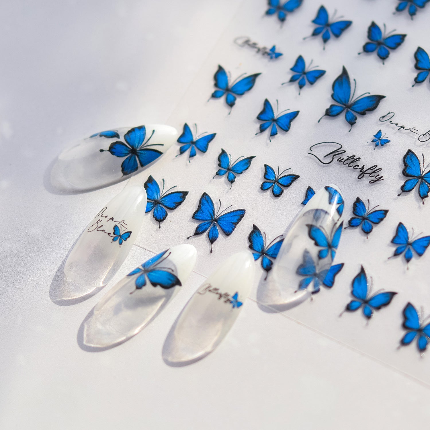 Blue Morpho Butterfly & Script Nail Sticker Set – "Azure Blue Butterfly"