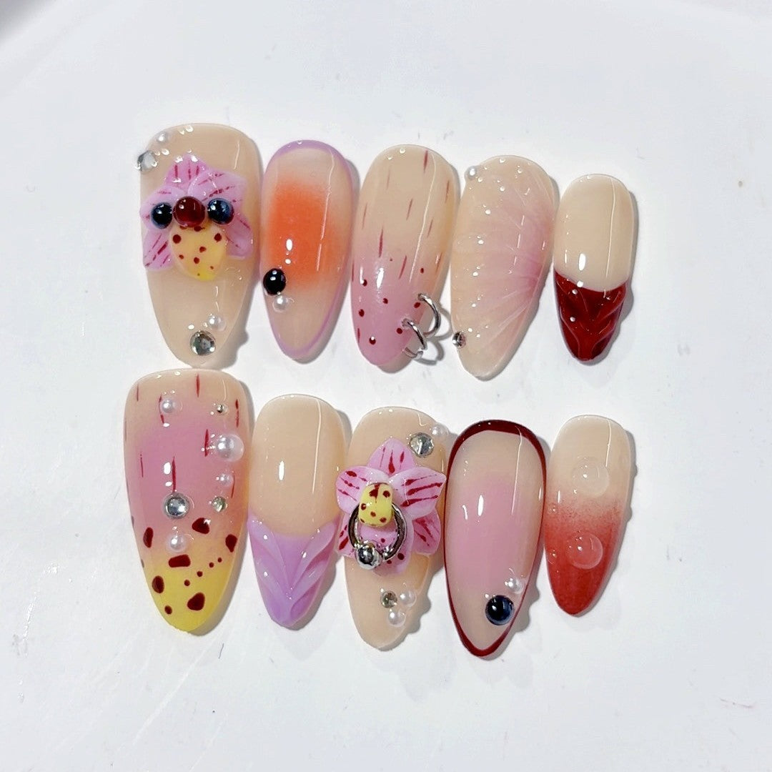 365nails: "Tropical Orchid Gradient" – Medium Almond Floral Fruit Handmade Press-On Nails