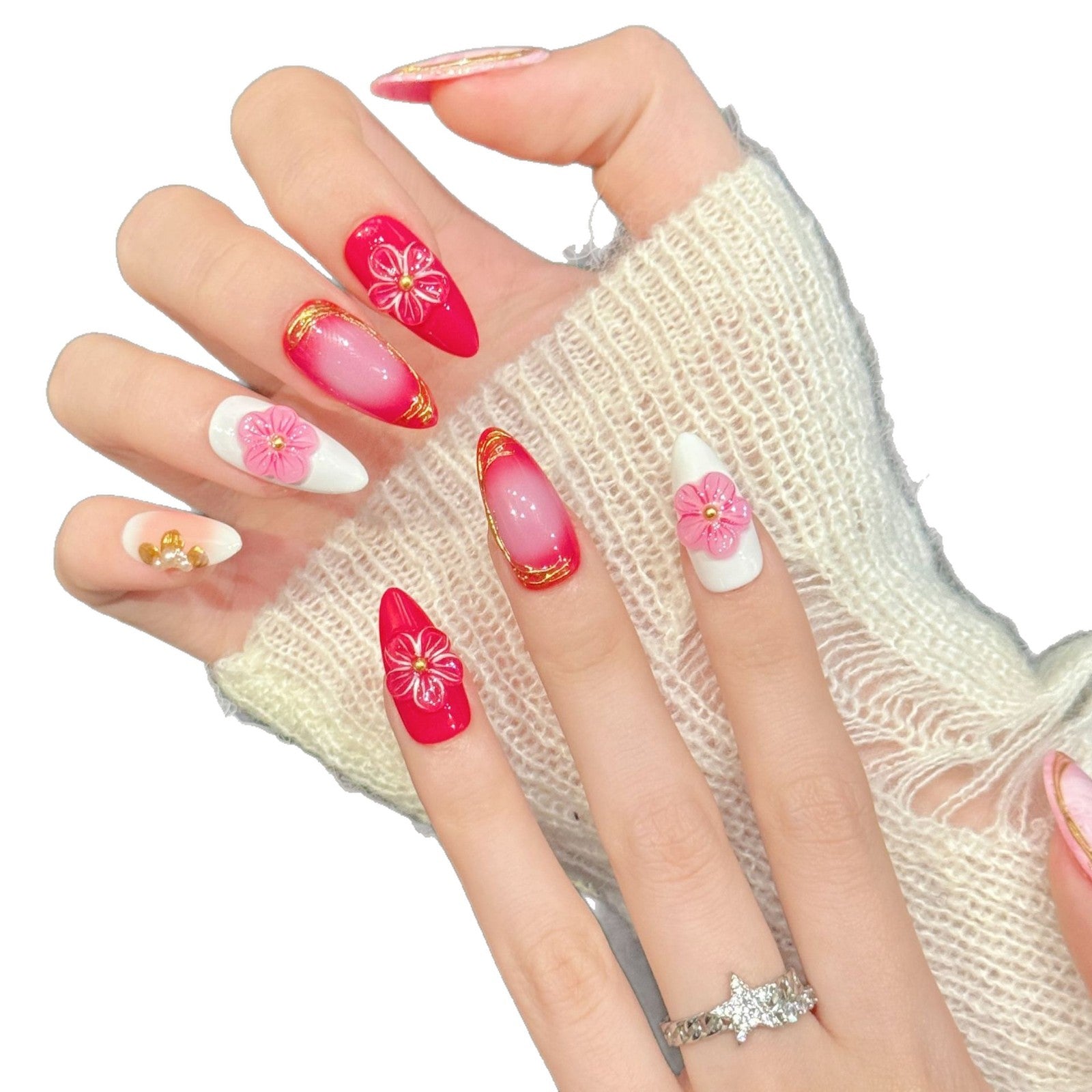 365nails: "Crimson Blossom" – 3D Floral & Gold Leaf Handmade Medium Almond Nails