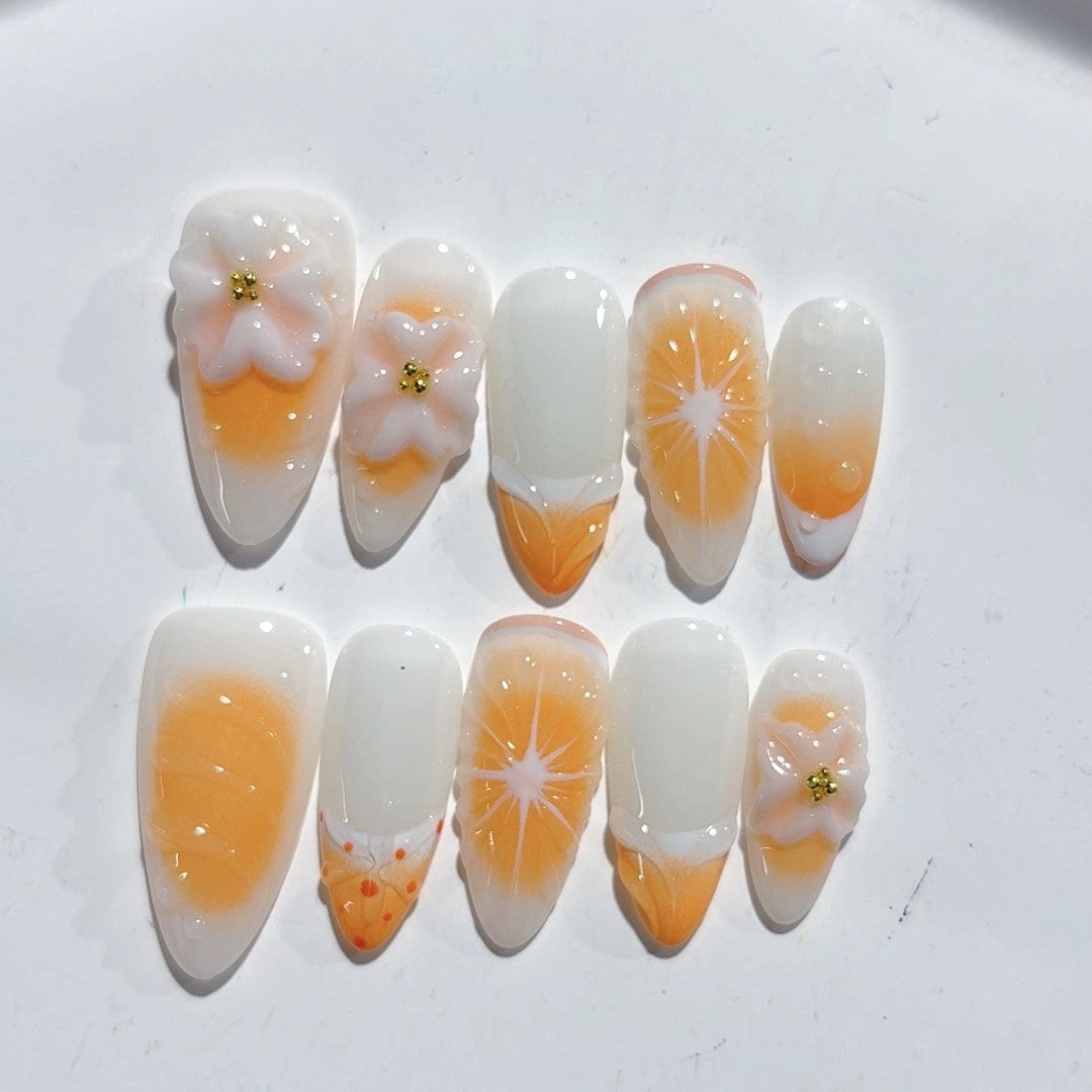 365nails-Mango Tango: "Sunny Mango" – Unhas Postiças Artesanais 3D Esculpidas em Formato Amendoado