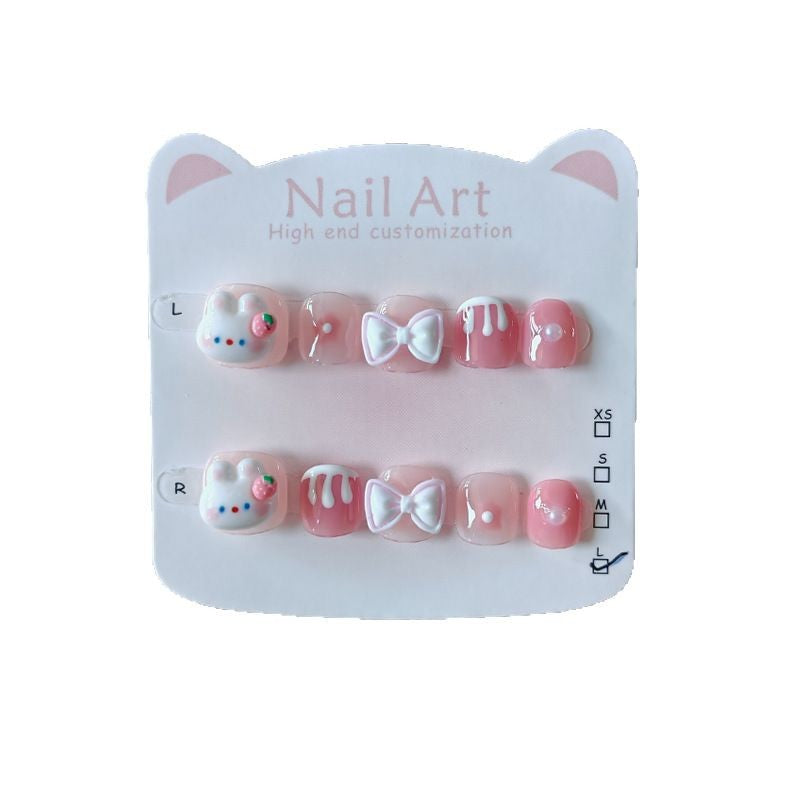 365nails: "coelhinho de creme de morango" – unhas postiças redondas feitas à mão para crianças