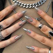 Simple French 3D argent press on nails court ongle en amande art des ongles faux ongle pièce amovible produit fini en gros｜365nails