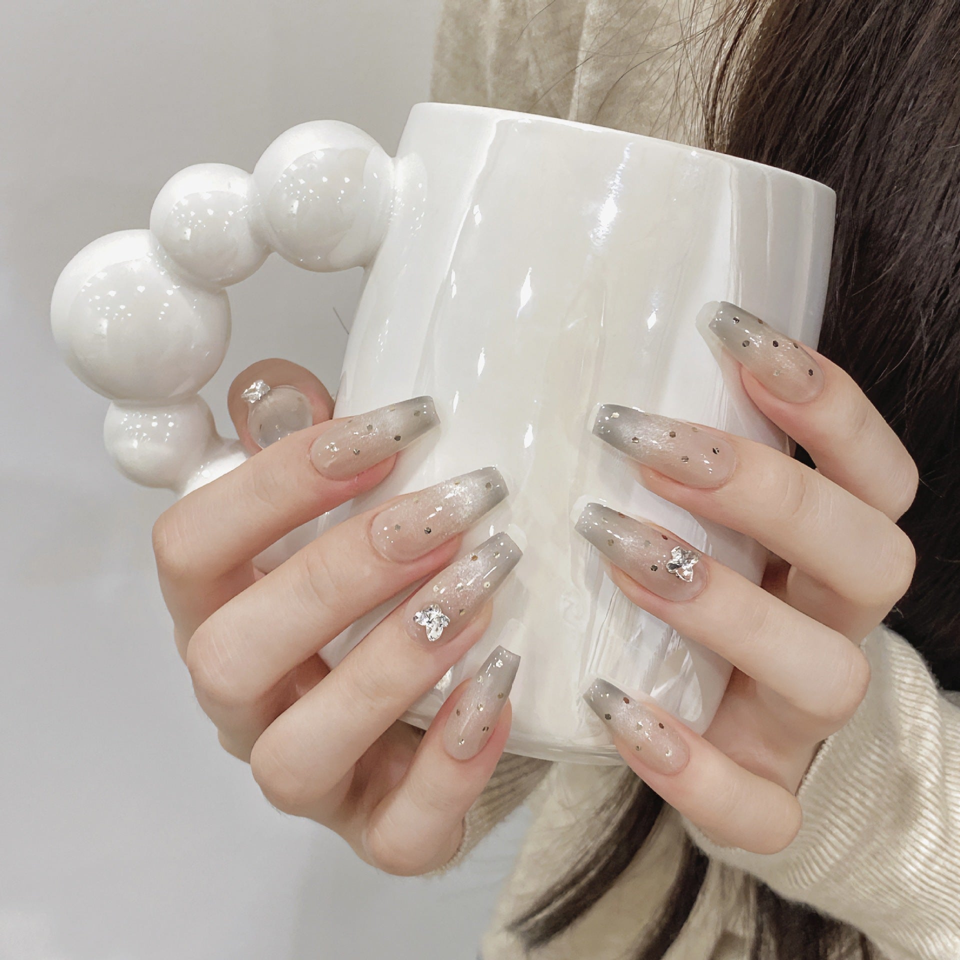 365nails: "Midnight Stardust" – 3D Crystal & Polka Dot Handmade Coffin Nails