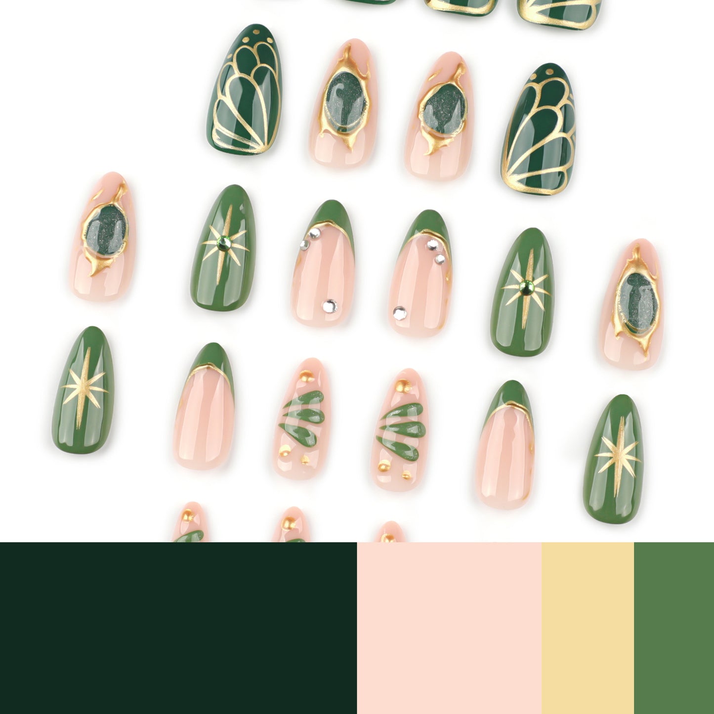 Green Gem Inspired Nails with Gold Metallic Accent Details