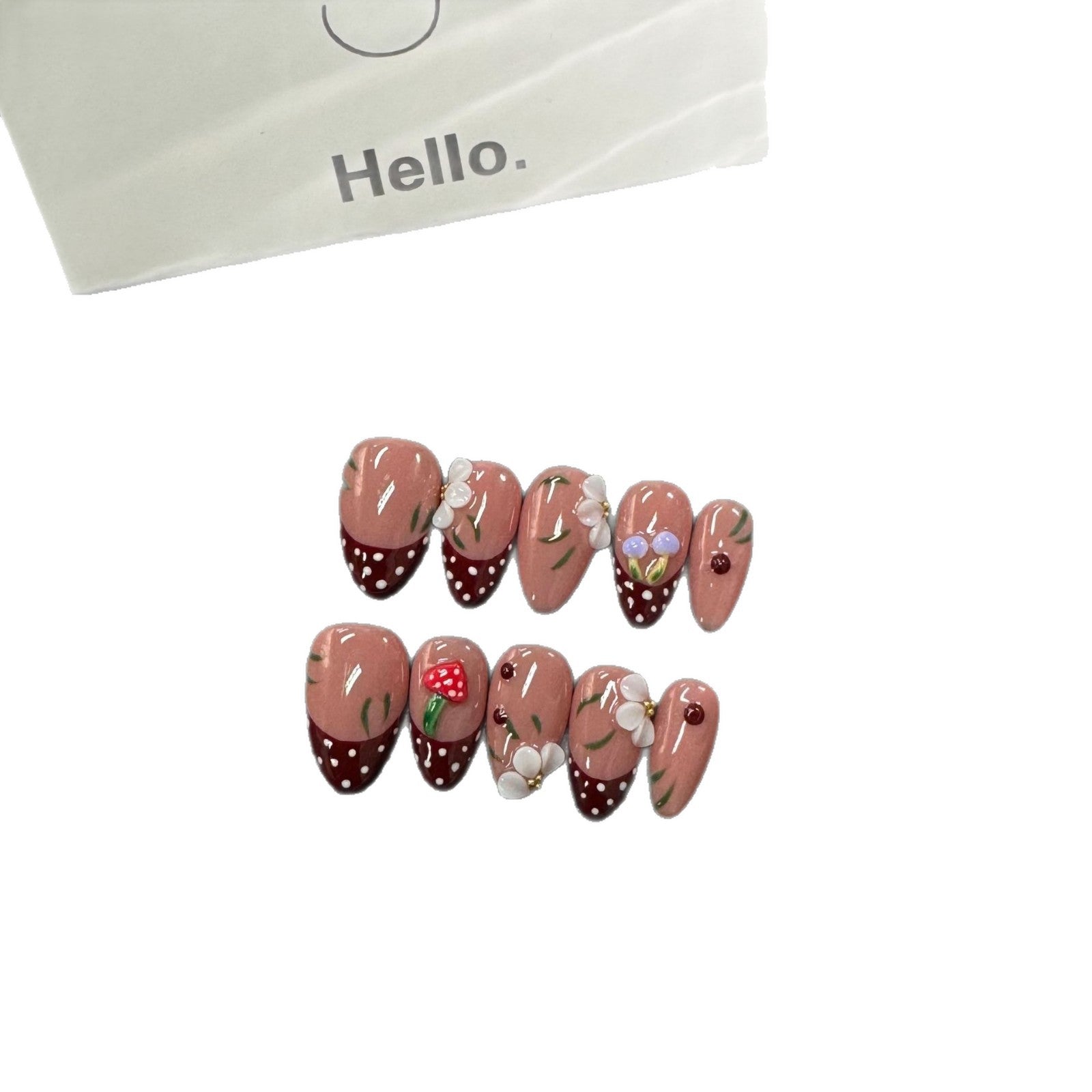 365nails: "Berry Sweet" – 3D Strawberry & Floral Handmade Press on Nails Almond Nails