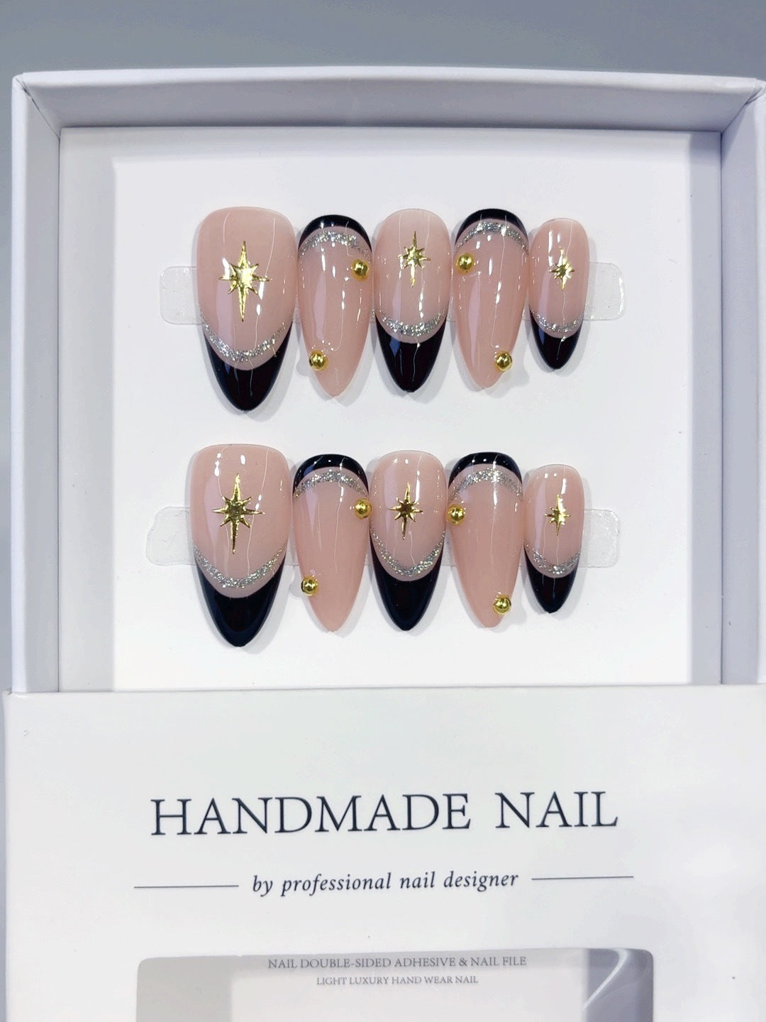 Celestial Noir: "Stellar Black French" – Almond Shape Handmade Press-On Nails