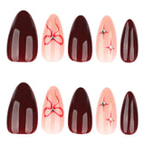 Elegant Burgundy Bow Accent Oval Press On Nails
