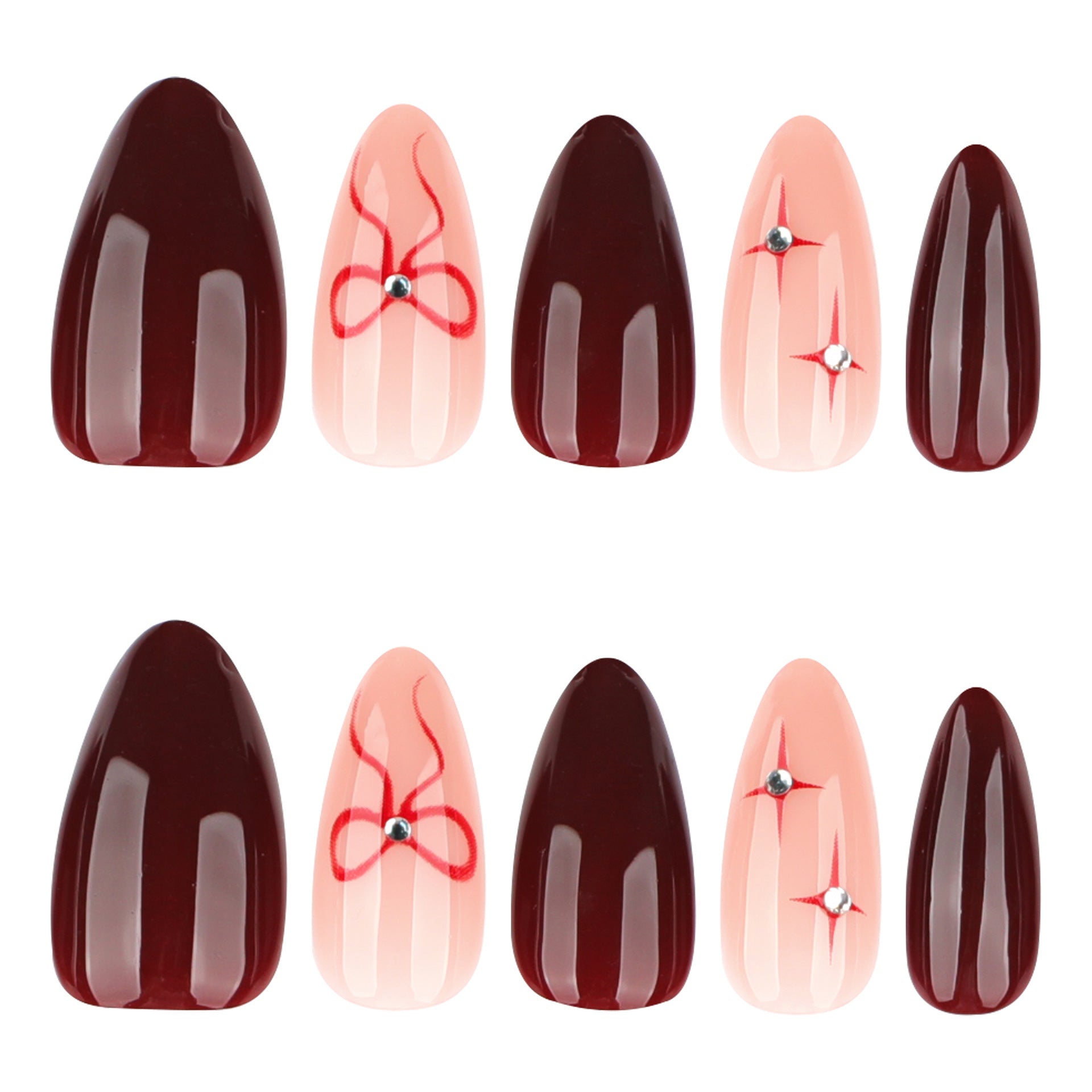 Elegant Burgundy Bow Accent Oval Press On Nails
