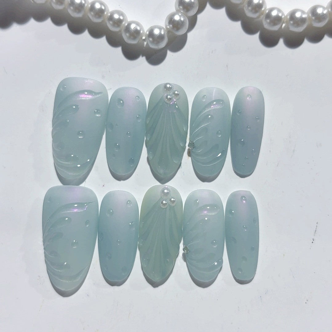 365nails-Jade Serenity: "Misty Leaf" – Almond Shape Handmade 3D Carved Press-On Nails