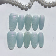 365nails-翡翠寧靜：「霧葉」— 杏仁形 手工製 3D雕刻 穿戴甲