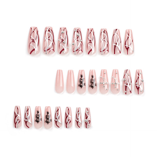 New Year's Chinese Dragon Country Chaofeng Nail Art Tablets Cross Point Diamond Wearing Nail Medium and Long Ballet Nail False Nail Wholesale｜365nails