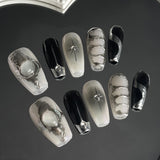 365nails Avant-Garde: "Monochrome Eclipse" – Long Coffin 3D Sculpture & Silver Line Art Press On Nails 24pcs