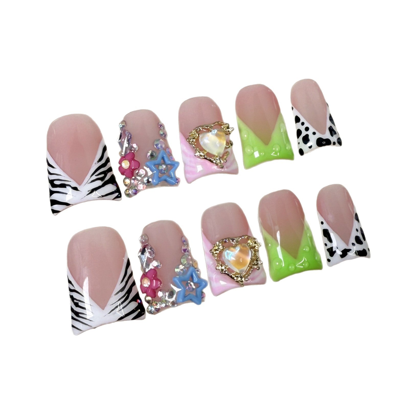 Uñas de pico de pato, sinfonía, corazón, estampado de cebra, lunares, uñas postizas, transparentes, lindas, hechas a mano | 365nails