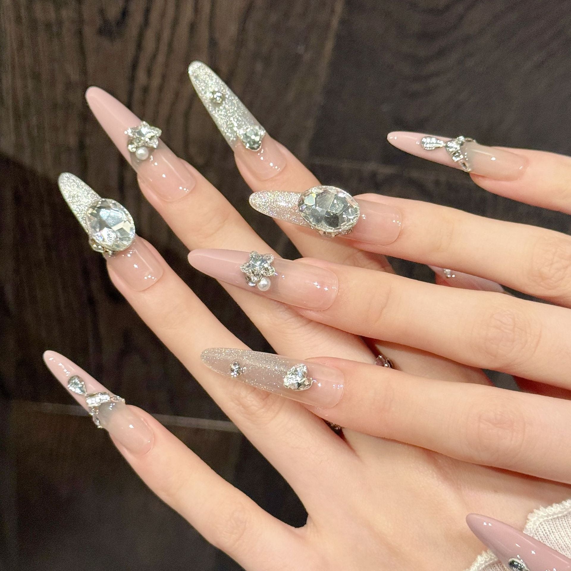 365nails: "Luxe Drop" – Crystal & Rhinestone Chain Handmade Long Almond Nails