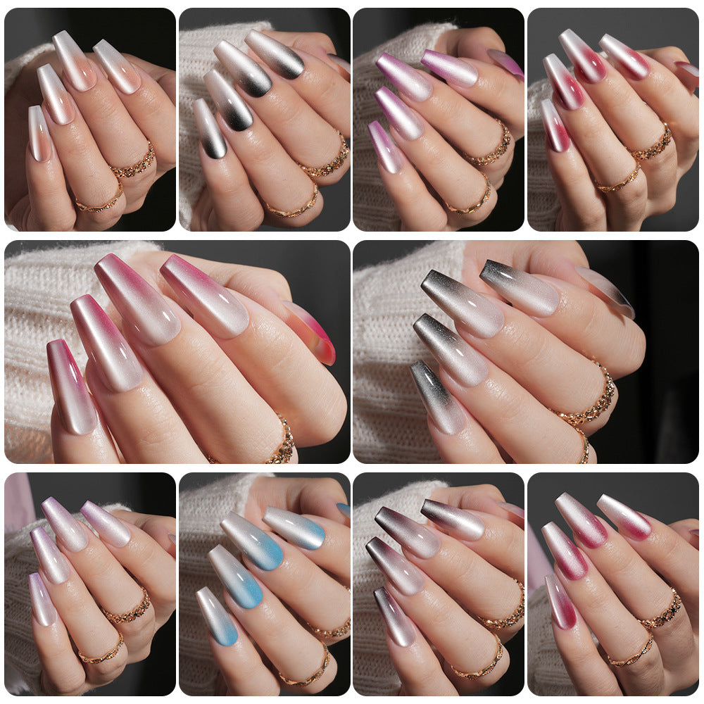 Nail Tips Gradual change cat eye press on nails, wearable fake nail removable sub-code bar prefabricated cat eye press on nails piece