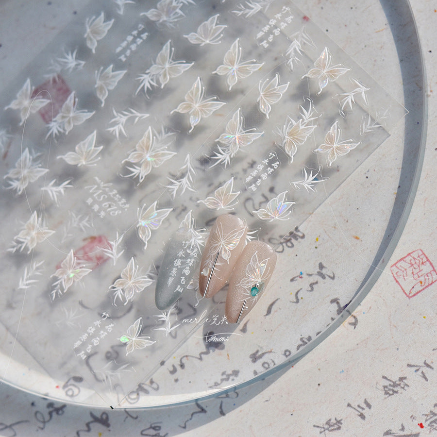粉色全息蝴蝶指甲貼紙 - 5D 立體壓紋夢幻仙子套組