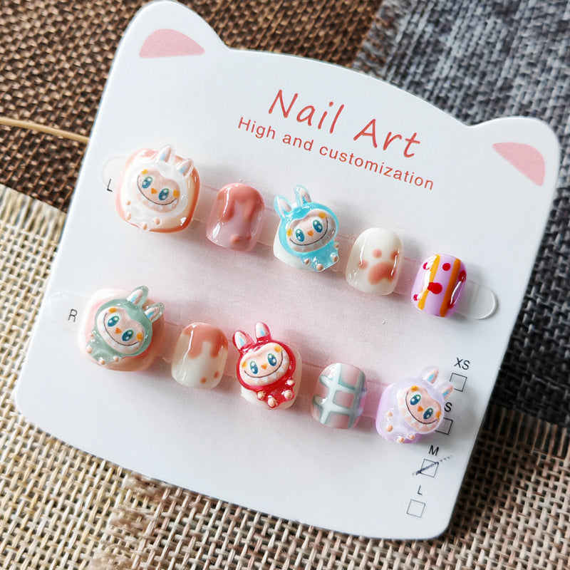 365nails: "macaron labubu buddies" – short round handmade kids press-on nails