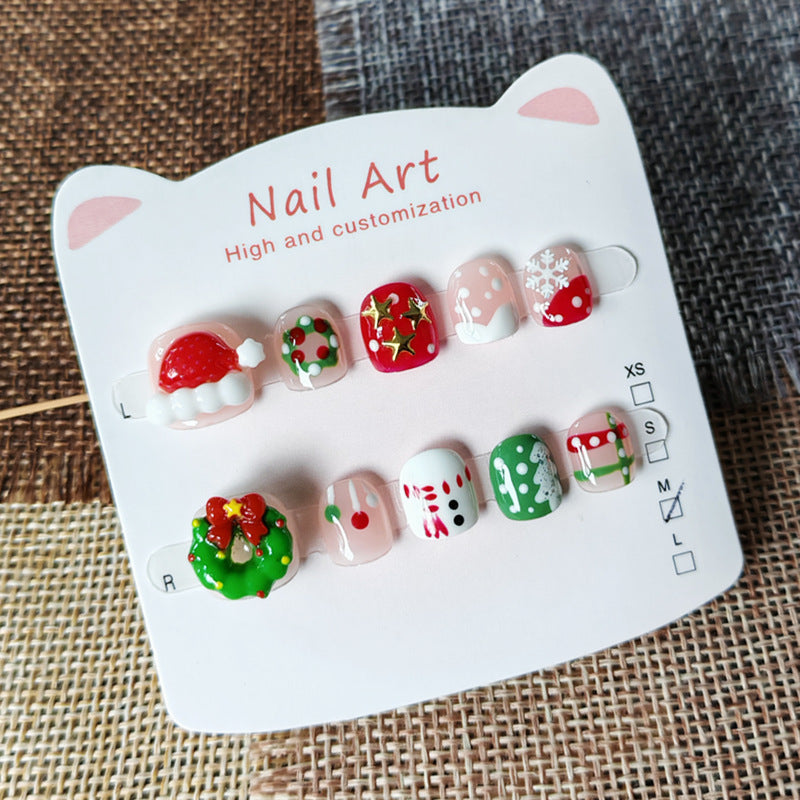 365nails-聖誕歡樂兒童系列：「節慶花圈與聖誕老公公」 – 兒童短款方形穿戴甲