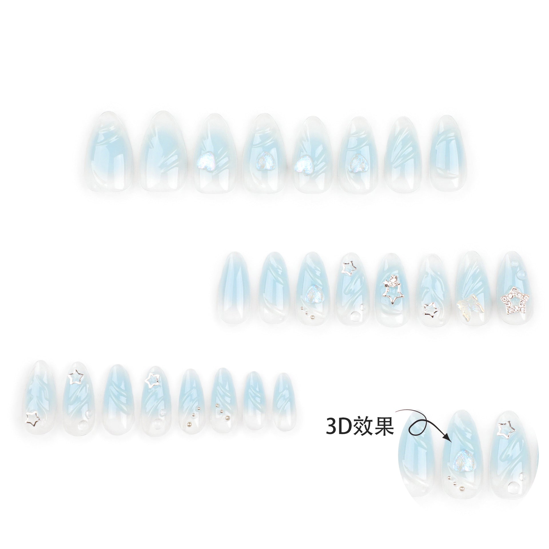 Unhas postiças destacáveis com manchas azuis, atacado, novas unhas de manicure 3D, unhas postiças com estampa de estrela do amor, unhas postiças ｜365nails