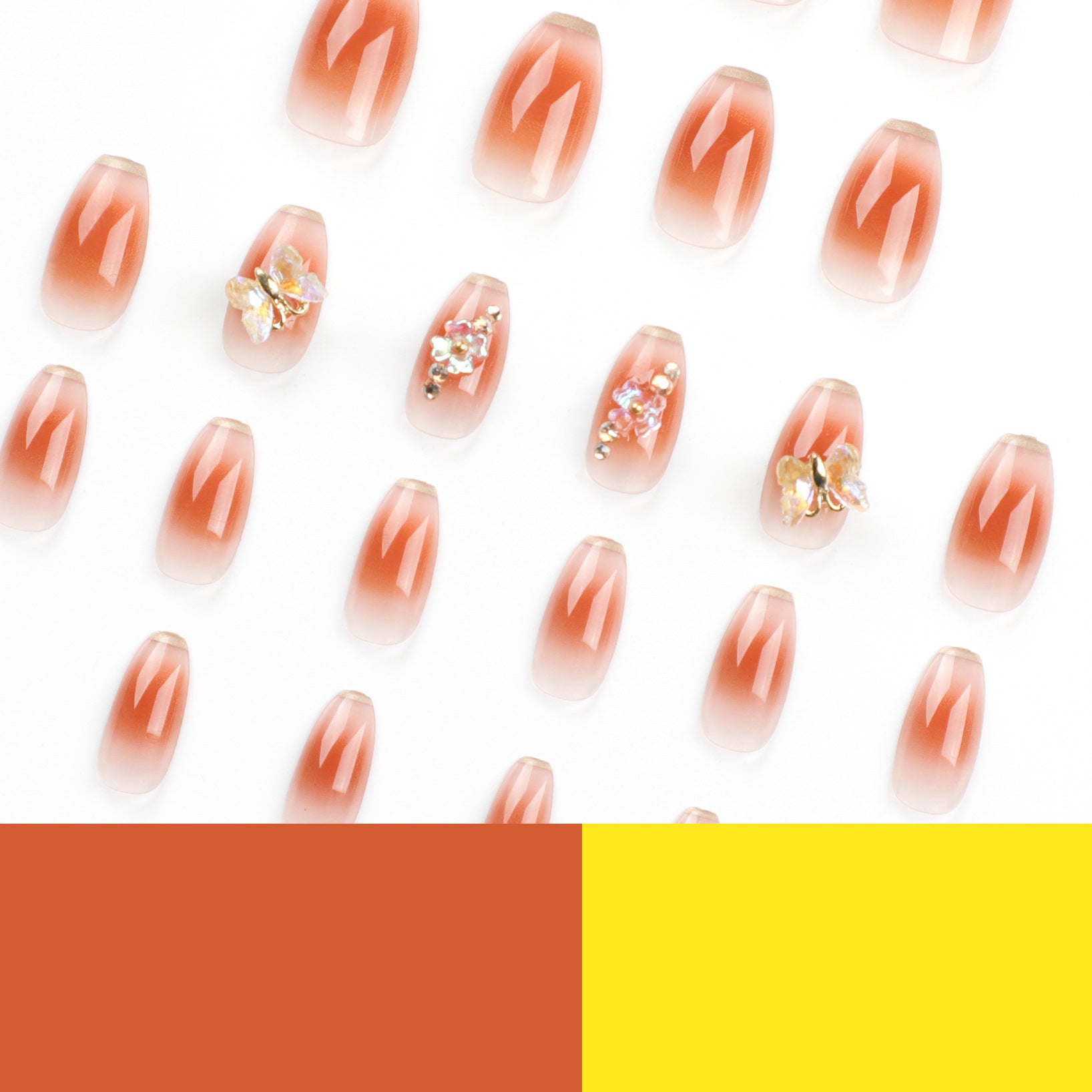 French white edge nail piece wholesale Maillard brown smudged transparent press on nails butterfly flower aurora fake nail｜365nails