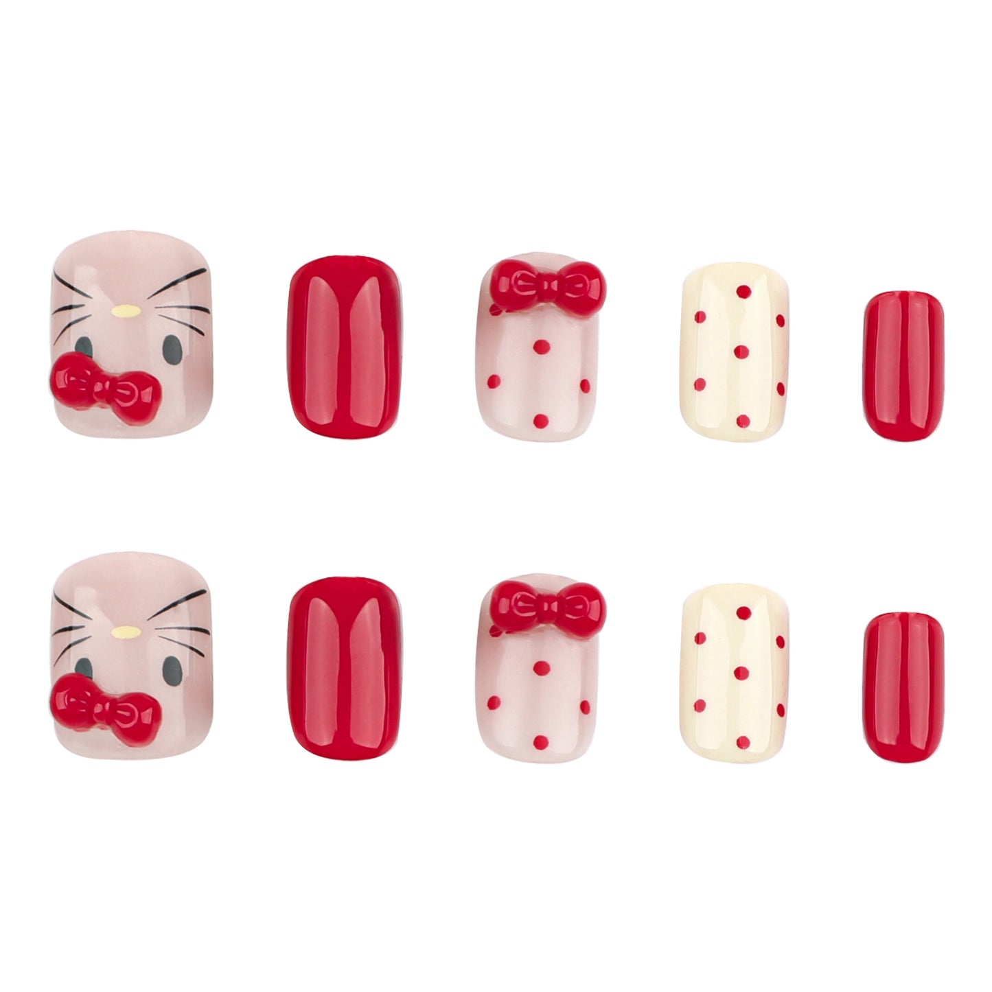 Autumn and winter sweet cat press-on nails three-dimensional point diamond bow removable manicure red polka dot nail piece wholesale｜365nails