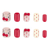 Uñas postizas de gato con diseño de gato, diseño de gato, con punta tridimensional, lazo de diamante, manicura extraíble, diseño de lunares rojos, venta al por mayor | 365nails