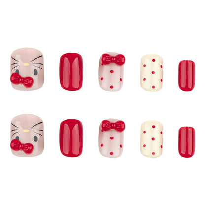 Autumn and winter sweet cat press-on nails three-dimensional point diamond bow removable manicure red polka dot nail piece wholesale｜365nails