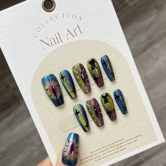 Civet Worship Moon Devil's Eye Handmade cat eye press on nails Niche Sweet Cool Wind press on nails Reusable Nail Art | 365nails
