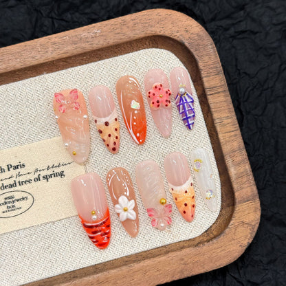 Tropical wind holiday engraved French long pointed oval  style summer dopamine pure handmade nails | 365nails