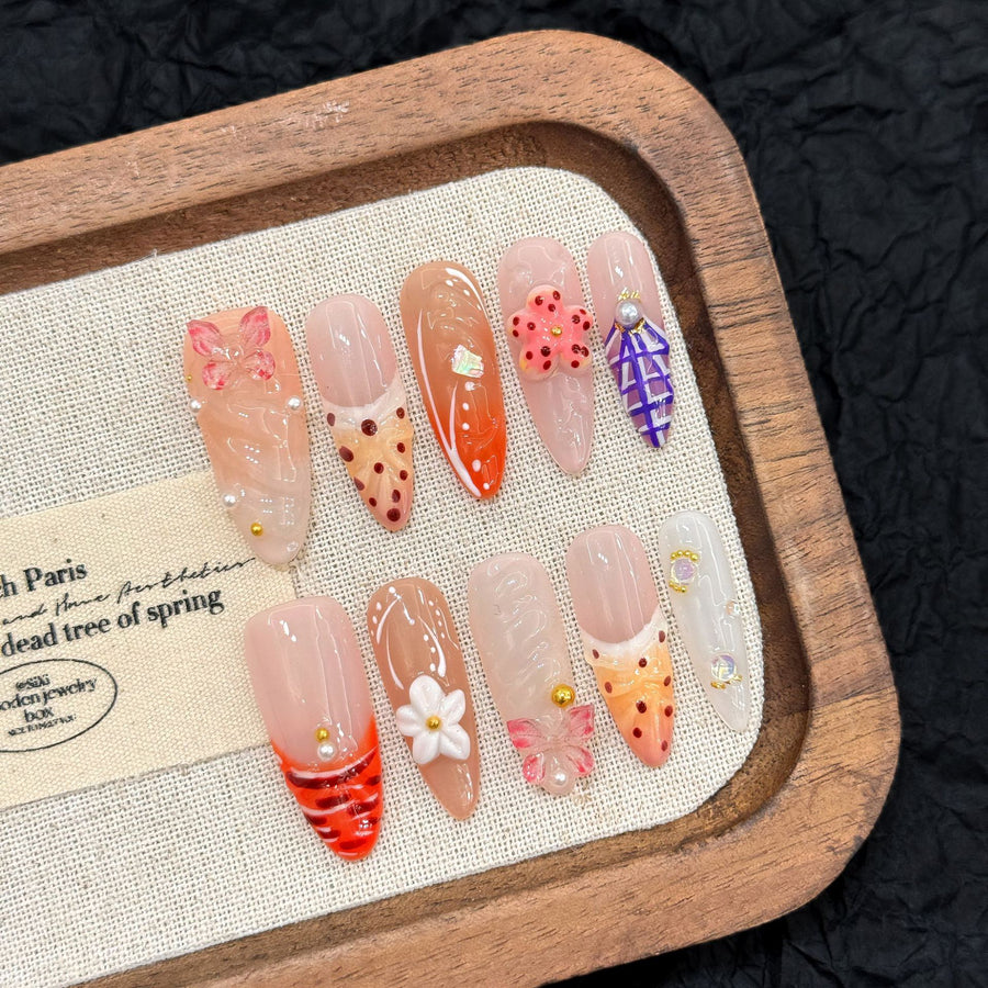 365nails: "Strawberry Summer" – 3D Floral & Plaid Handmade Medium Almond Nails